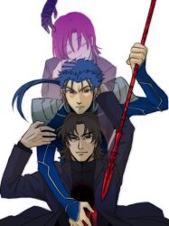  3boys angra_mainyu_(fate) bad_id bad_pixiv_id bazett_fraga_mcremitz blue_hair brown_eyes brown_hair cassock commentary_request cu_chulainn_(fate) cu_chulainn_(fate/stay_night) earrings fate/hollow_ataraxia fate/stay_night fate_(series) female formal gae_bolg_(fate) gupaon jewelry kotomine_kirei long_hair multiple_boys on_head outstretched_hand person_on_head ponytail purple_hair red_eyes short_hair simple_background suit white_background 