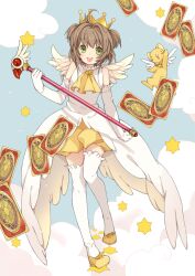  :d ascot brown_hair card cardcaptor_sakura cloud clow_card commentary crown elbow_gloves female fuuin_no_tsue gloves green_eyes kero_(cardcaptor_sakura) kinomoto_sakura kinomoto_sakura_(winged_egg_crown_costume) mia0309 open_mouth photoshop_(medium) short_hair shorts sky smile staff star_(symbol) thighhighs white_gloves white_legwear wings yellow_shorts 