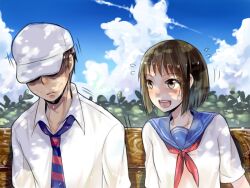  1boy baseball_cap bench bob_cut brown_eyes brown_hair cloud commentary_request danshi_koukousei_no_nichijou day female flying_sweatdrops habara_(danshi_koukousei) hat karasawa_toshiyuki miying_(ho_ru03_15) necktie school_uniform serafuku short_hair sitting sky smile striped striped_necktie sweat 