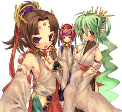  3girls armpits bare_shoulders brown_hair commentary_request detached_sleeves green_hair hair_ornament heterochromia japanese_clothes ju-zika long_hair looking_at_viewer multiple_girls oerba_yun_fang open_mouth original pointy_ears ponytail purple_eyes purple_hair red_eyes sidelocks simple_background smile very_long_hair 