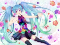  ahoge aqua_hair bad_id bad_pixiv_id female flower hatsune_miku highres long_hair necktie open_mouth outstretched_arm petals purple_eyes skirt solo tell_your_world_(vocaloid) thighhighs twintails very_long_hair vocaloid yamaneko514 