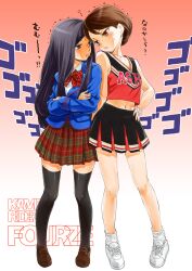  2girls angry black_eyes black_hair brown_eyes brown_hair commentary_request full_body highres joujima_yuuki kamen_rider kamen_rider_fourze_(series) kazashiro_miu minimaru multiple_girls plaid pleated_skirt pout rivalry skirt thighhighs 