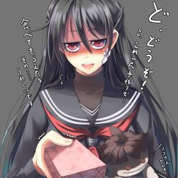  ^^^ bandages black_hair black_serafuku blush box close-up commentary_request female jitome long_hair open_mouth original red_eyes school_uniform serafuku simple_background solo stuffed_toy tears translated trembling upper_body ygo_(kintsuba) 