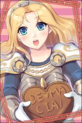  :o armor blonde_hair blue_eyes blush chocolate commentary dakun female hairband happy_valentine heart league_of_legends long_hair looking_at_viewer lux_(league_of_legends) open_mouth photoshop_(medium) solo striped striped_background teeth upper_teeth_only valentine 