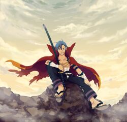  1boy bad_id bad_pixiv_id bandages blue_hair cape cloud commentary_request kamina_(ttgl) male_focus midriff_sarashi photoshop_(medium) red_eyes sandals sarashi sitting sky smirk solo sword tattoo tengen_toppa_gurren_lagann topless_male weapon zukki_(suzukio) 