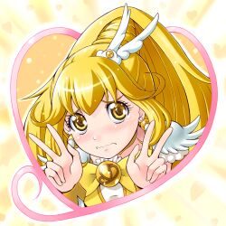  blonde_hair blush bow choker commentary_request cure_peace double_v earrings eyelashes female hair_flaps jewelry long_hair magical_girl precure ribbon smile_precure solo tears v wavy_mouth wide_ponytail yaso_shigeru yayoi_kise yellow_bow yellow_choker yellow_eyes yellow_theme 