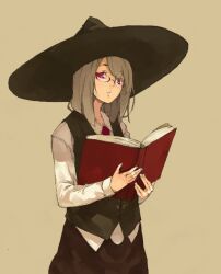  black_skirt book brown_background commentary_request dress female glasses gram_(muneneko) grey_hair hat long_sleeves looking_at_viewer muneneko necktie original partial_commentary red_eyes simple_background skirt solo vest witch_hat 