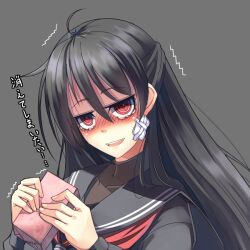  ^^^ bandages black_hair black_serafuku blush box close-up commentary_request female head_tilt jitome long_hair open_mouth original red_eyes school_uniform serafuku simple_background solo tears translated trembling upper_body ygo_(kintsuba) 