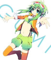  boots character_name commentary_request female goggles goggles_on_head green_eyes green_hair green_shorts grin gumi gumi_(v3_megpoid) headphones jacket looking_at_viewer midriff navel outstretched_arms photoshop_(medium) short_hair shorts simple_background smile solo soranagi spread_arms suspenders thigh_boots thighhighs vocaloid 