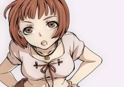  bad_id bad_pixiv_id breasts brown_eyes brown_hair collair_(cono) collarbone female hands_on_own_hips jewelry last_exile last_exile:_gin&#039;yoku_no_fam lavie_head leaning_forward medium_breasts necklace short_hair simple_background solo upper_body 