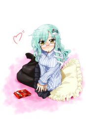  alternate_costume bespectacled black_pantyhose blush commentary_request female food frog glasses green_hair hair_ornament heart kochiya_sanae long_hair pantyhose photoshop_(medium) pillow pocky ribbed_sweater skirt snake solo sweater takana_shinno touhou yellow_eyes 