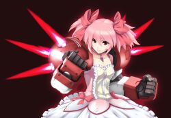  aura bow brown_background bubble_skirt choker clenched_hands collarbone commentary_request dress female fighting_stance fusion gundam gundam_age gundam_age-1 gundam_age-1_titus hairbow kaname_madoka kaname_madoka_(magical_girl) magical_girl mahou_shoujo_madoka_magica mahou_shoujo_madoka_magica_(anime) mecha_musume mechanical_arms nagi-kaze pink_hair red_eyes short_twintails simple_background skirt solo twintails 