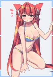  bikini blue_bikini blush bow breasts cleavage commentary_request di_gi_charat dice female hair_ornament hairbow large_breasts long_hair red_eyes red_hair ribbon saiste solo swimsuit twintails usada_hikaru 