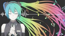  alternate_color black_outfit closed_eyes female hatsune_miku headphones heisei_yutorin long_hair multi_colored_hair multicolored_hair music smile solo twintails vocaloid wind 