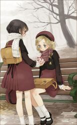  2girls bad_id bad_pixiv_id bag bench black_hair blonde_hair blue_eyes blush brown_eyes embarrassed hat kurage long_hair looking_down mary_janes multiple_girls open_mouth original school_bag school_uniform shoes short_hair sitting socks striped_clothes striped_socks valentine vertical-striped_clothes vertical-striped_socks 