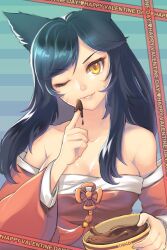  ahri_(league_of_legends) animal_ears bare_shoulders black_hair chocolate commentary_request dakun detached_sleeves female happy_valentine heart korean_clothes league_of_legends long_hair one_eye_closed photoshop_(medium) smile solo striped striped_background valentine yellow_eyes 