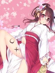  arima_senne body_writing brown_hair female flower glasses hagoita hair_flower hair_ornament hanetsuki japanese_clothes kashiwamochi_yomogi kimono long_hair miko new_year obi original paddle photoshop_(medium) ponytail red_eyes sash solo tabi 