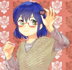  bad_id bad_pixiv_id blue_eyes blue_hair blush female glasses green_eyes heart higebu inazuma_eleven inazuma_eleven_(series) otonashi_haruna photoshop_(medium) short_hair smile valentine 