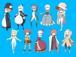  6+girls ahoge bare_shoulders blonde_hair blue_eyes blush bodysuit boots breasts brown_hair cleavage cleavage_cutout coat costume curly_hair dress elbow_gloves flat_chest formal frown glasses gloves green_eyes grey_eyes grin hair_bun hat high_heels highres ken_(koala) long_hair multiple_girls navel open_mouth orange_eyes original panties personification pink_hair red_eyes red_hair see-through shark shoes short_hair skin_tight sleeves_past_wrist sleeves_past_wrists small_breasts smile swimsuit thigh_boots thighhighs umbrella underwear very_long_hair white_hair 