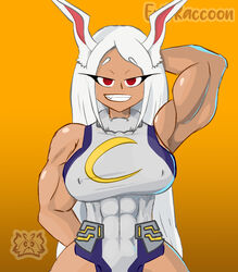  1girls abs armpits big_breasts bunny_ears bunny_girl dark-skinned_female dark_skin evil_raccoon female female_only fully_clothed leotard long_hair miruko muscular muscular_female my_hero_academia nipple_bulge red_eyes rumi_usagiyama smile solo teeth teeth_showing tight_clothing white_hair 