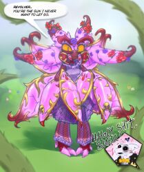  4_arms anthro aquatic black_tie_(suit) clothing custom dialogue dress dressed_up duo feral fish flower generation_7_pokemon gold_(metal) gold_jewelry grass heart_symbol hi_res jewelry lurantis male male/male mandibles moonflower multi_arm multi_limb nintendo orange_eyes pink_body plant pokemon pokemon_(species) red_body revolver_oc romantic romantic_couple rose_(flower) shark smellmoonflower_oc suchlambada17 suit vines wedding_dress white_body 