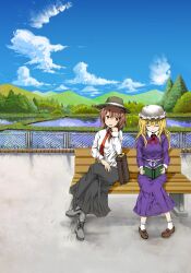  2girls bench blonde_hair book brown_hair closed_eyes cloud commentary_request crossed_legs day hat head_rest highres kenshin_(kenshin3) long_hair long_skirt maribel_hearn mountain multiple_girls outdoors pigeon-toed red_eyes short_hair sitting skirt sky smile touhou usami_renko water 