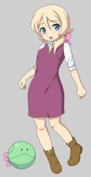  ankle_boots blonde_hair blue_eyes boots bow commentary_request cosplay dress emily_armond female gundam gundam_age hairbow haro inaho long_hair open_mouth ponytail purple_skirt simple_background skirt yurin_leciel yurin_leciel_(cosplay) 