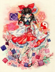  :d ascot bare_shoulders bow branch brown_eyes brown_hair commentary_request detached_sleeves dress female flower hair_tubes hairbow hakurei_reimu long_hair open_mouth painting_(medium) red_bow sandals smile solo touhou traditional_media tugumi0w0 watercolor_(medium) yin_yang 