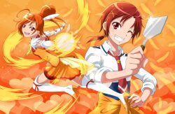  bike_shorts boots choker clothes_around_waist commentary_request cure_sunny dual_persona eyelashes female fire gloves grin hair_bun hair_ornament hairclip heart hino_akane_(smile_precure!) magical_girl nanairogaoka_middle_school_uniform necktie one_eye_closed open_mouth orange_background orange_choker orange_hair orange_necktie orange_skirt orange_theme ponytail precure red_eyes red_hair red_shorts school_uniform seven_(11) short_hair shorts shorts_under_skirt single_hair_bun skirt sleeves_rolled_up smile smile_precure spatula sweater sweater_around_waist thigh_boots thighhighs tiara white_legwear 