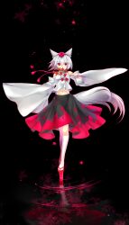  animal_ears bad_id bad_pixiv_id black_background detached_sleeves dress female hat inubashiri_momiji kagachi_saku kneehighs leaf midriff navel photoshop_(medium) red_eyes short_hair socks solo tail tokin_hat touhou white_hair white_socks wolf_ears wolf_tail 