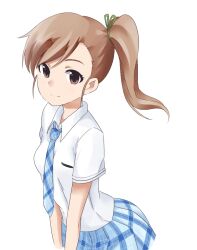  brown_eyes brown_hair commentary_request female futami_mami hair_ribbon idolmaster idolmaster_(classic) idolmaster_2 nanashishi necktie pleated_skirt ribbon rough_time_school_(idolmaster) school_uniform short_hair side_ponytail skirt smile solo 