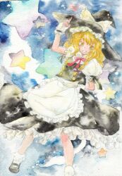  :d blonde_hair bow braid commentary_request dress female fingerless_gloves gloves hat hat_bow kirisame_marisa long_hair open_mouth painting_(medium) single_braid smile solo star_(symbol) touhou traditional_media tugumi0w0 watercolor_(medium) white_bow witch_hat yellow_eyes 