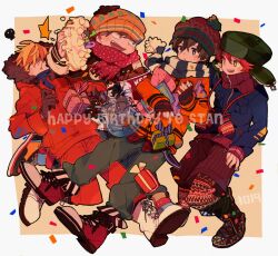  4boys :d animification bad_id bad_pixiv_id beanie blonde_hair blue_eyes bowl brown_hair eric_cartman fish food fur_hat gift gloves goldfish happy_birthday hat holding hood hoodie kenny_mccormick kfc kyle_broflovski male_focus multiple_boys open_mouth pie pikaro pink_hair scarf short_hair skull smile south_park stan_marsh striped_clothes striped_scarf throwing throwing_pie ushanka 