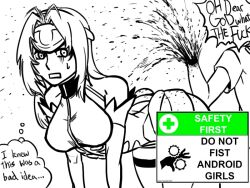  4chan amputee android bare_shoulders bb_(baalbuddy) bent_over blood blood_splatter breasts cyborg do_not_fist_android_girls_(meme) english_text female forehead_protector guro kos-mos large_breasts long_hair meme monochrome profanity public_service_announcement thighhighs xenosaga 