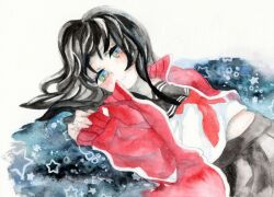  aqua_eyes ascot bad_id bad_pixiv_id black_hair female lying on_back original painting_(medium) school_uniform skirt solo star_(symbol) track_suit traditional_media tugumi0w0 watercolor_(medium) 