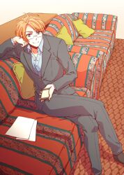  1boy ahoge america_(hetalia) axis_powers_hetalia blonde_hair blue_eyes commentary_request couch formal gucce222 male_focus paper pillow suit 