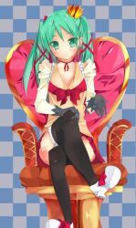  bad_id bad_pixiv_id byte_(allbyte) chair checkered_background crossed_legs crown female gloves green_eyes green_hair hatsune_miku highres long_hair sitting skirt solo thighhighs twintails vocaloid world_is_mine_(vocaloid) 