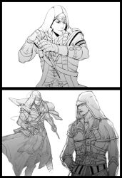  1boy artist_request assassin&#039;s_creed assassin&#039;s_creed_(series) assassin&#039;s_creed_iii balusah coat connor_(assassin&#039;s_creed) connor_(ratohnhak&eacute;:ton) hood male male_focus monochrome pixiv_thumbnail resized solo 