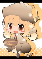  blonde_hair blush_stickers box brown_eyes chibi commentary_request female food hat letterboxed open_mouth original personification potato satsuki_mei_(sakuramochi) smile solo twintails 