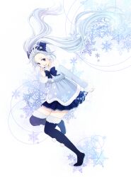  bad_id bad_pixiv_id blue_eyes blue_hair boots earmuffs female floating_hair forehead fujino_iro hatsune_miku headset highres long_hair skirt snowflakes solo thigh_boots thighhighs twintails very_long_hair vocaloid yuki_miku yuki_miku_(2012) 