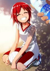  ball bottle chameleon_(ryokucha_combo) closed_eyes commentary_request drink female grin gym_shorts hair_ornament hairclip hands hino_akane_(smile_precure!) kneeling pocari_sweat precure product_placement red_hair red_shorts shadow shoes short_hair shorts smile smile_precure sneakers socks solo sportswear squatting teeth volleyball 