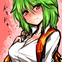  blush breasts cleavage colored_eyelashes commentary_request female green_hair head_tilt heartbeat kazami_yuuka large_breasts nose_blush red_eyes roki_(hirokix) short_hair smile solo sweatdrop touhou upper_body vest 