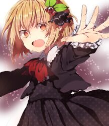  alternate_costume blonde_hair dress female hair_ribbon leaf miya_(tsumazukanai) oerba_yun_fang open_mouth outstretched_arms polka_dot red_eyes ribbon rumia short_hair solo touhou vest 