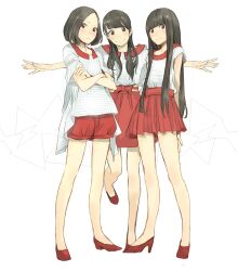  3girls arms_behind_back a~chan bad_id bad_pixiv_id black_hair blunt_bangs blush brown_eyes brown_hair crossed_arms fashion frown full_body high_heels highres kashiyuka long_hair looking_at_viewer multiple_girls nocchi_(perfume) outstretched_arms perfume_(band) pleated_skirt red_footwear red_skirt short_hair skirt smile spread_arms standing standing_on_one_leg yoshito 