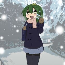  alternate_costume bad_id bad_pixiv_id bag blush brown_mittens coat female frog frog_hair_ornament green_hair hair_ornament kochiya_sanae long_hair mittens miyako_hito open_mouth pantyhose photoshop_(medium) scarf school_bag school_uniform skirt smile snake snow solo touhou waving 