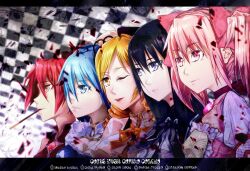  5girls akemi_homura akemi_homura_(magical_girl) asuke_yuki bad_id bad_pixiv_id black_hair blonde_hair blue_eyes checkered drill_hair food hair_ribbon kaname_madoka kaname_madoka_(magical_girl) long_hair madoka_runes magical_girl mahou_shoujo_madoka_magica mahou_shoujo_madoka_magica_(anime) miki_sayaka miki_sayaka_(magical_girl) multiple_girls oerba_yun_fang one_eye_closed pink_eyes pink_hair pocky purple_eyes ribbon sakura_kyoko sakura_kyoko_(magical_girl) short_hair short_twintails tomoe_mami tomoe_mami_(magical_girl) twintails 