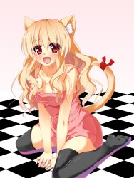  animal_ears asa_no_ha_(awayuki) blonde_hair blush breasts cat_ears cat_tail checkered commentary_request dress female large_breasts long_hair original photoshop_(medium) red_eyes ribbon sitting solo tail thighhighs wariza zettai_ryouiki 