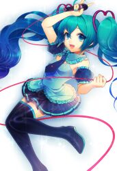  blue_eyes blue_hair commentary_request female hair_ribbon hatsune_miku long_hair microphone momoshiki_tsubaki necktie ribbon solo thighhighs twintails vocaloid zettai_ryouiki 