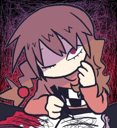  bad_id bad_pixiv_id book braid brown_hair crazy female madotsuki messy_hair one_eye_closed pink_eyes pink_shirt sanjiro_(tenshin_anman) shirt side_braid single_braid unusually_open_eyes writing yume_nikki 