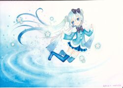  bow commentary_request dated female hairbow hatsune_miku long_hair mosho scarf signature snowflakes solo star_(symbol) thighhighs traditional_media twintails very_long_hair vocaloid yuki_miku yuki_miku_(2012) 